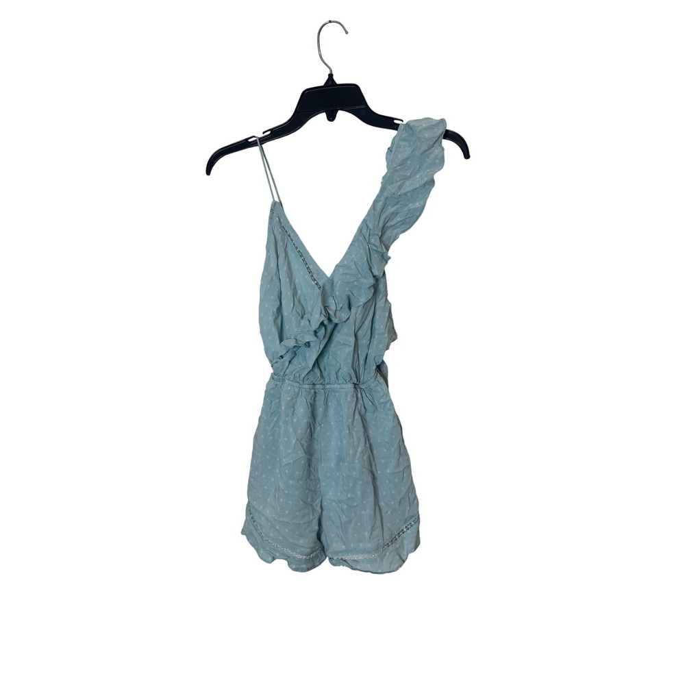 Free People Romper Womens XS Blue One Shoulder Ruffle Swiss Dot Lace Trim